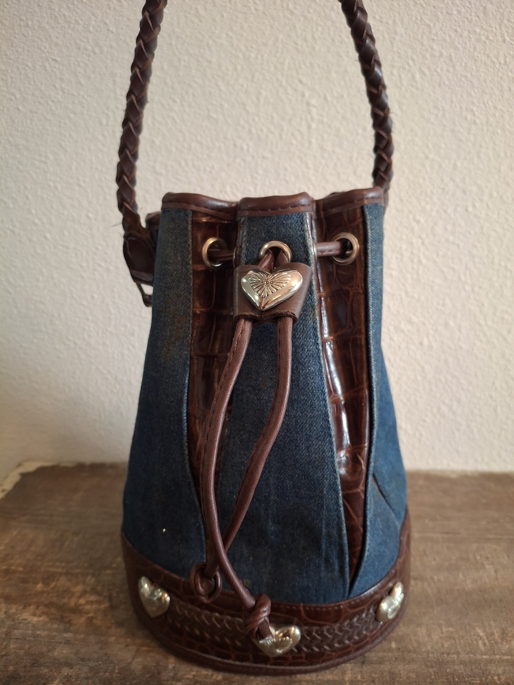 Brighton Inspired Vintage Blue Denim and Brown Leather Bucket Tote